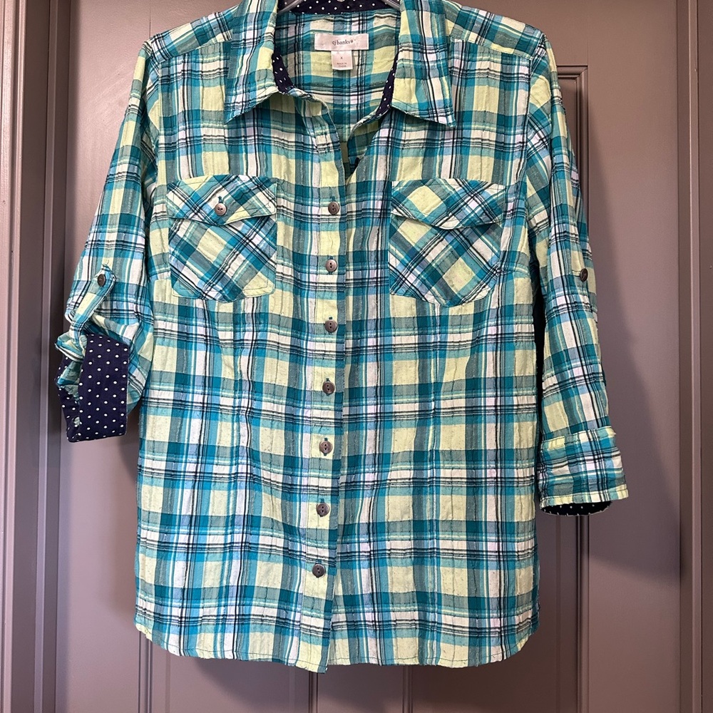 CJ Banks Teal and Navy Plaid Button-Up Shirt Size X /14